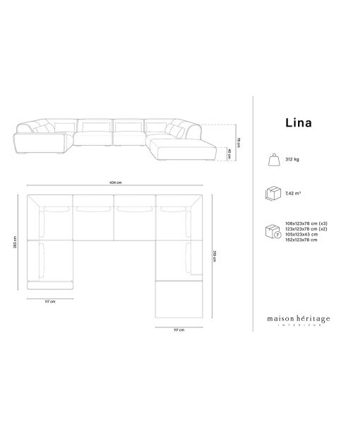 Canapé d'angle Droit panoramique modulable Lina 8 places beige clair - 434x319x78 cm