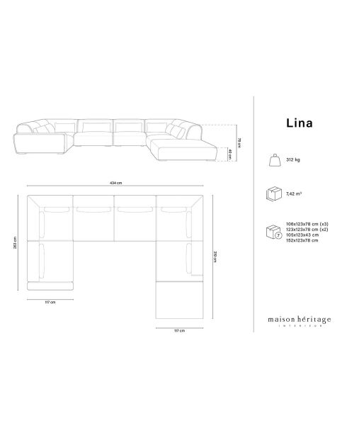 Canapé d'angle Droit panoramique modulable Lina 8 places bleu foncé - 434x319x78 cm
