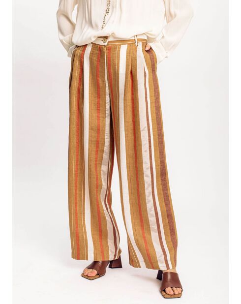 Pantalon en Lin mélangé Cara à rayures caramel