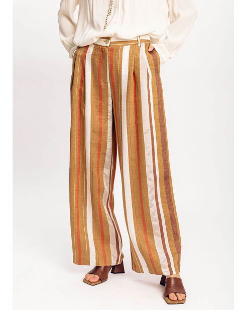 Pantalon en Lin mélangé Cara à rayures caramel