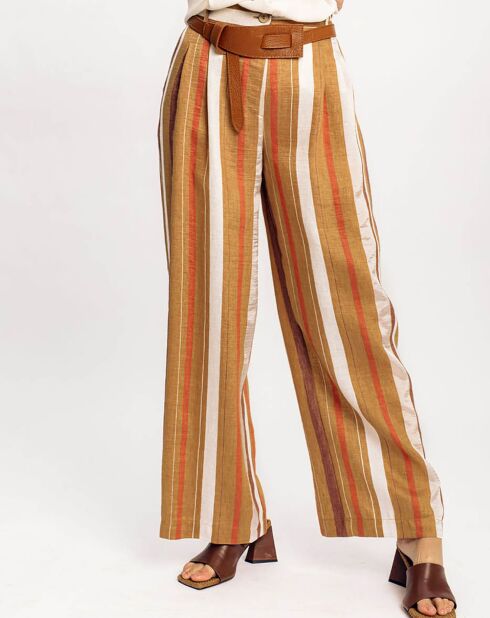 Pantalon en Lin mélangé Cara à rayures caramel