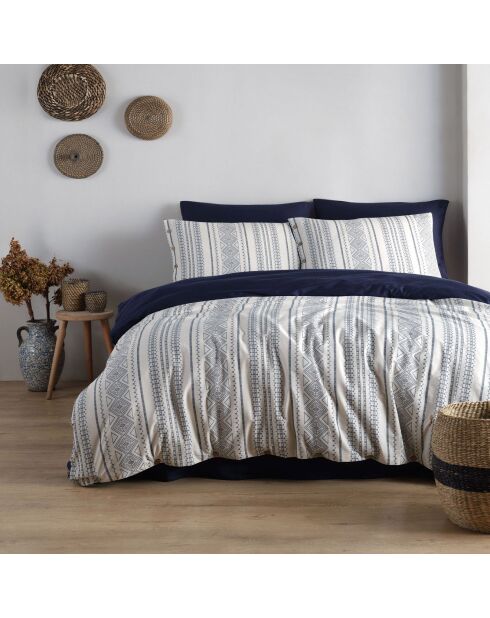 Parure housse de couette 100% Satin de Coton Coastal bleu indigo/crème