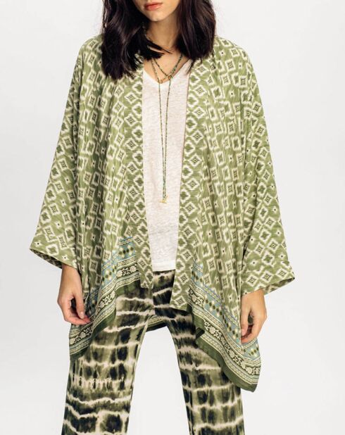 Sasha kimono van zijdemix met groene print