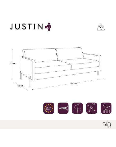 Justin Blue 2-Sitzer-Sofa aus Samt, 150 x 84 x 78 cm