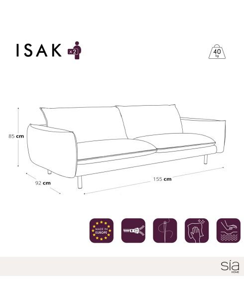 Canapé Velours 3 Places Isak vert foret - 200x92x85 cm