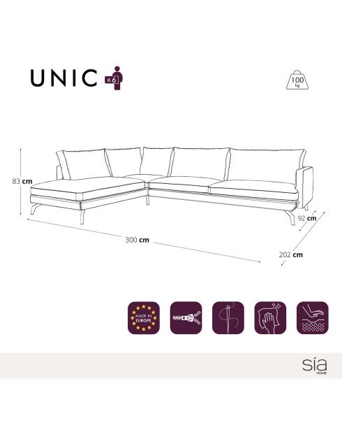 Unic Beiges Weitwinkelsofa aus Stoff für Linkshänder — 300 x 202 x 83 cm