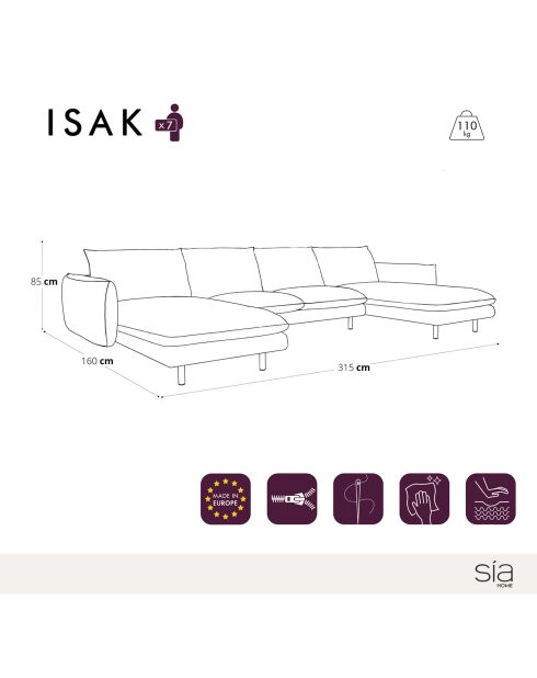 Canapé Velours grand U Panoramique Isak vert foret - 315x92/160x85 cm