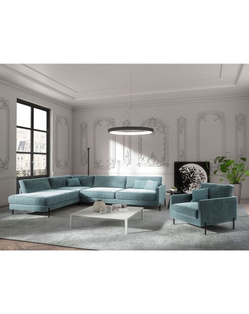 Blaues, linkes Weitwinkelsofa aus Samt, 256 x 200 x 78 cm