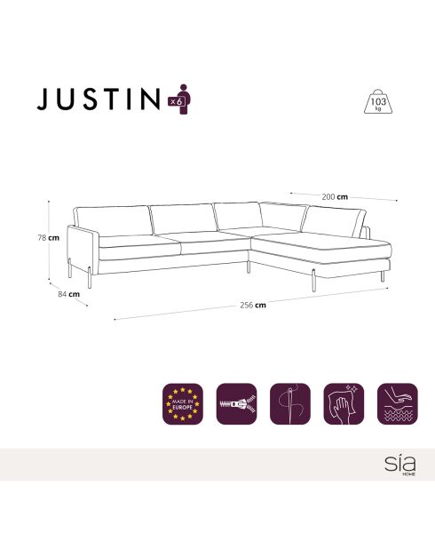Justin Blue breites rechtwinkliges Samtsofa - 256x200x78 cm