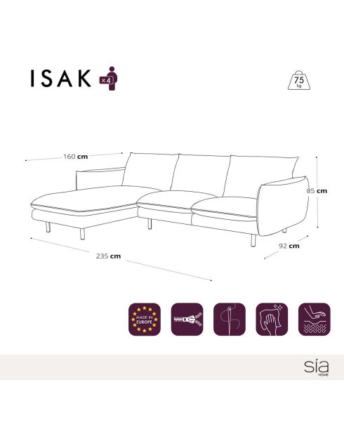 Isak Samtsofa für die linke Ecke, waldgrün, 235 x 92/160 x 85 cm