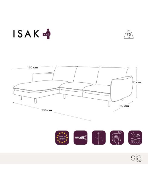 Canapé Velours d'angle gauche Isak vert foret - 235x92/160x85 cm