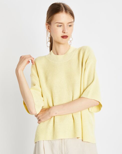 Pull 100% Lin manches courtes Col R jaune clair