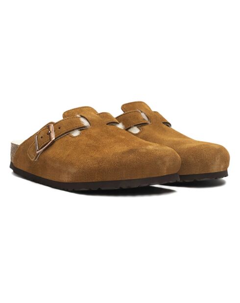 Sabots fourrées Laine en Velours de Cuir Boston cognac