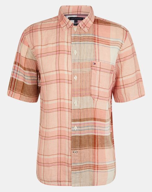 Chemise ample en Coton & Lin Madras Blocking à carreaux rose