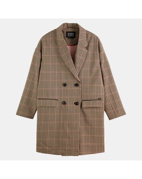 Manteau droit double boutonnage à carreaux beige/marron