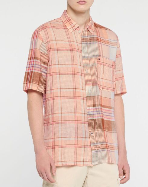 Chemise ample en Coton & Lin Madras Blocking à carreaux rose