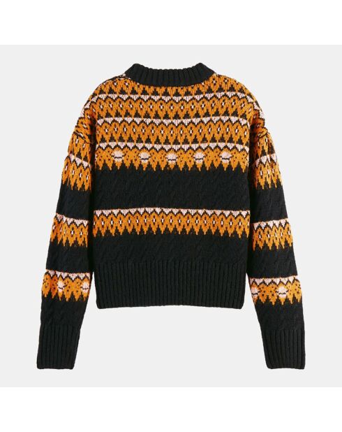 Pull Cable Fair Isle noir/orange