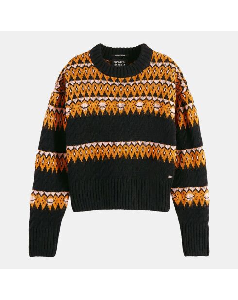 Pull Cable Fair Isle noir/orange