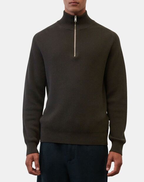 Pull en Coton & Laine côtelé marron foncé