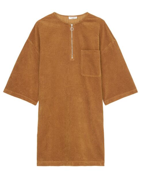 Robe en Velours côtelé zip poche marron