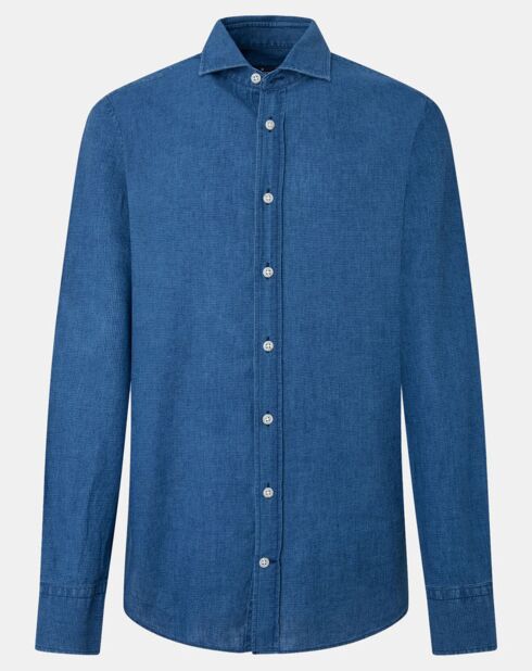 Chemise en Lin & Coton Slim Fit Text micro imprimé bleu moyen