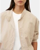 Chemise à rayures col mao beige