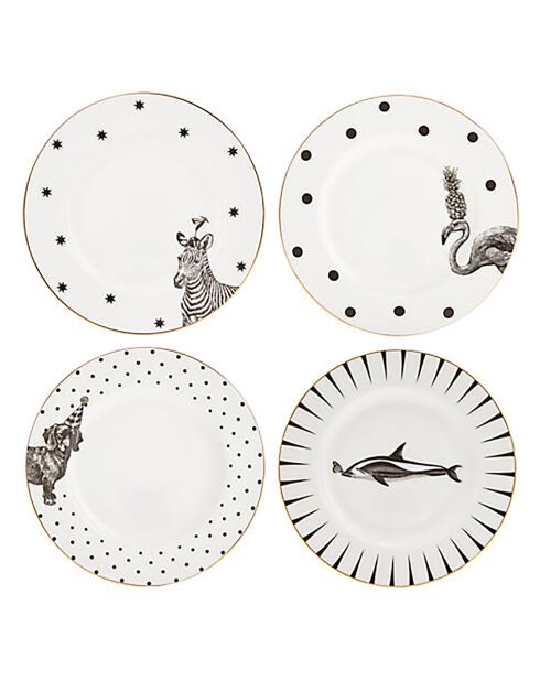4 Assiettes à dessert en Porcelaine Mono party blanc/noir - D.16 cm
