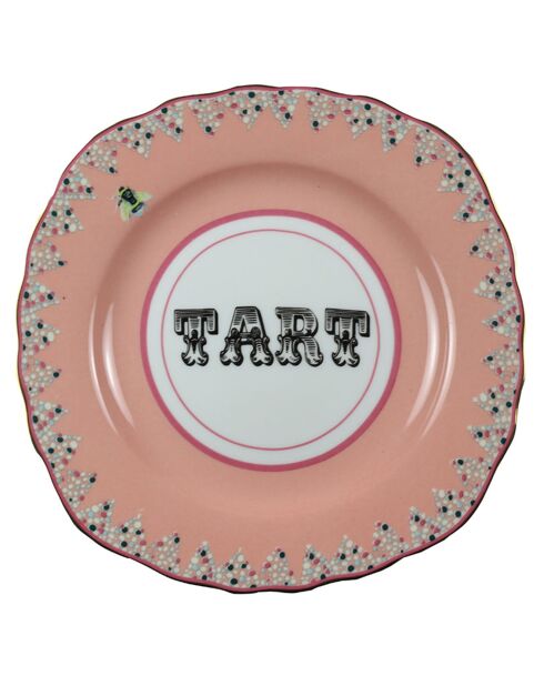4 Assiettes à dessert  en Porcelaine Texte bleu/rose - D.16 cm