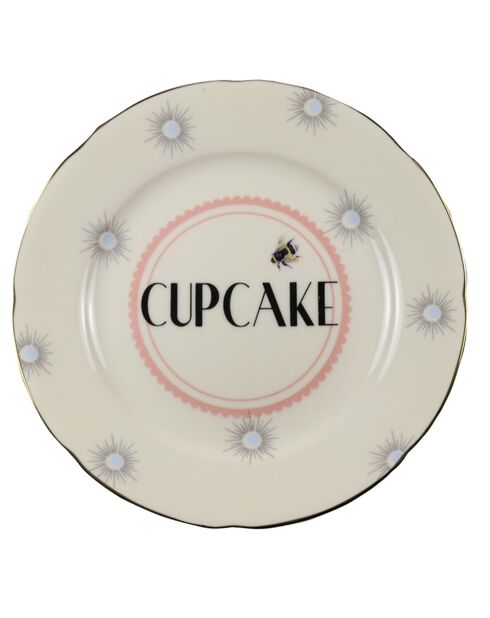 4 Assiettes à dessert  en Porcelaine Texte bleu/rose - D.16 cm