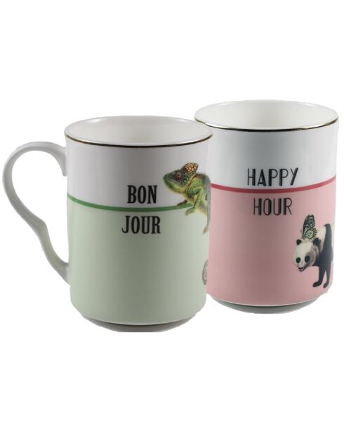 2 Mugs en Porcelaines Bonjour / Happy Hour vert/rose/beige - 280 ml