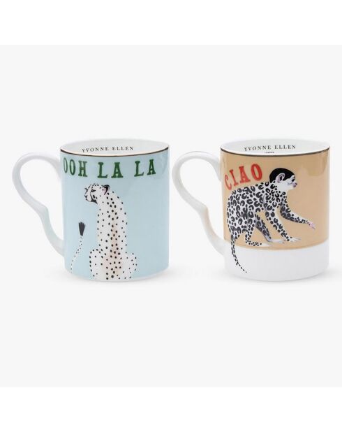 Coffret 2 petits Mug en Porcelaines Guépard et Singe - Carnival bleu/rose - 100 ml