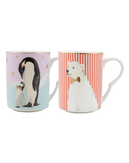 2 Mugs en Porcelaine Ours Polaire & Pingouin Noël bleu/rose/blanc - 350 ml