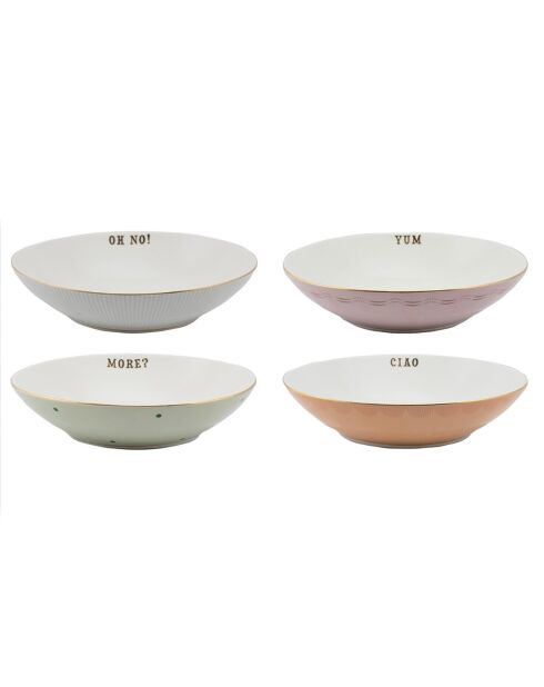 4 Assiettes à pâtes en Porcelaine Slogan multicolores - D.23 cm