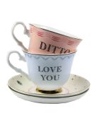 2 Tasses thé & Soucoupe en Porcelaine Love You / Ditto bleu/rose - 280 ml