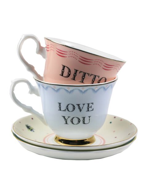 2 Tasses thé & Soucoupe en Porcelaine Love You / Ditto bleu/rose - 280 ml