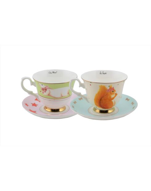2 Tasses thé & soucoupes en Porcelaine Souris & Ecureuil Noël vert/biege/bleu/rose - 250 ml