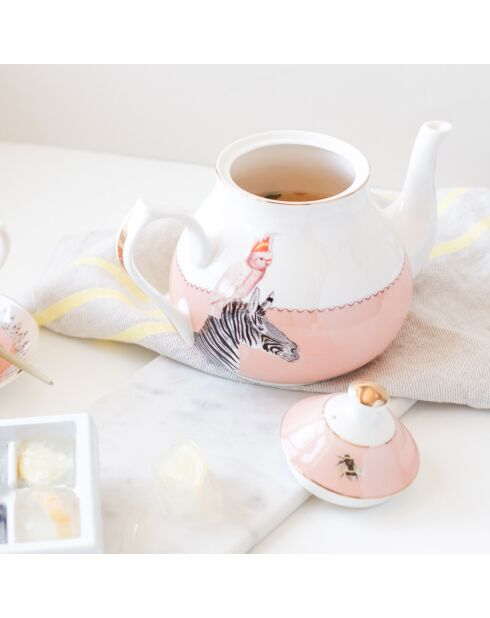 Tetera de porcelana con forma de animal cebra y cacatúa, color rosa y blanco, 1,3 L