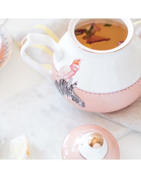 Tetera de porcelana con forma de animal cebra y cacatúa, color rosa y blanco, 1,3 L
