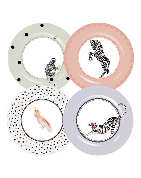 4 Assiettes en mélamine multicolores  - D.26.6 cm