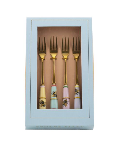 Dessertgabeln aus Porzellan, Motiv Bee Animal Magic, Rosa/Grün/Blau/Gelb, 15 x 1 x 0,5 cm, 4 Stück
