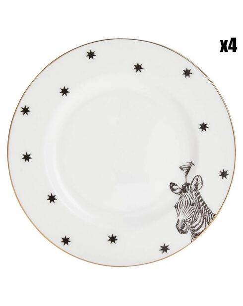 4 Assiettes à dessert en Porcelaine Zèbre Mono party blanc/noir - D.16 cm