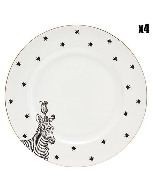 4 Assiettes en Porcelaine Zèbre Mono Party blanc/noir - D.26.5 cm