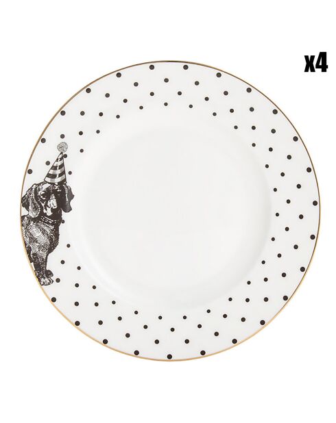 4 Assiettes en Porcelaine Teckel Mono Party blanc/noir - D.26.5 cm