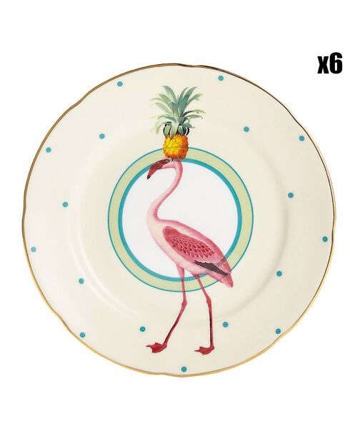 6 Assiettes à dessert en Porcelaine Flamand Rose Carnival beiges - D.16 cm