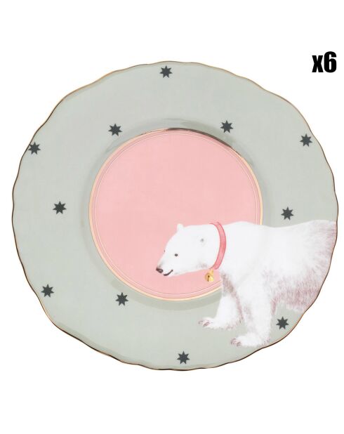 6 Assiettes en Porcelaine Ours Polaire Carnival bleu/rose - D.22.5 cm