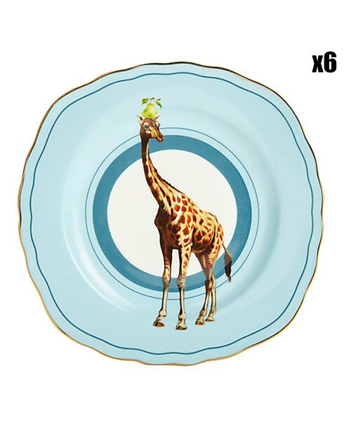 6 Assiettes à dessert en Porcelaine Girafe Carnival bleues - D.16 cm