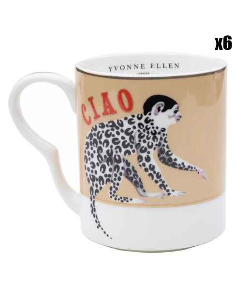 6 Petits Mug en Porcelaine Singe Carnival roses - 250 ml