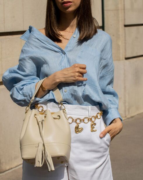 Sac seau en Cuir Mini Livy blanc cassé - 18x21.5x11 cm