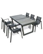 Ensemble de jardin Table OLHOS-TB250 avec rallonge +  6 fauteuils ALU-MIAMI-FT empilables gris anthracite