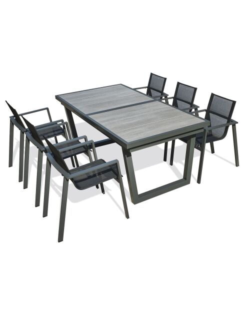 Ensemble de jardin Table OLHOS-TB250 avec rallonge +  6 fauteuils ALU-MIAMI-FT empilables gris anthracite